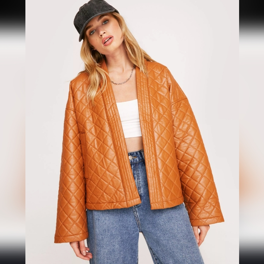 Nasty Gal Tan Quilted Leather Jacket - Picture 1 of 13
